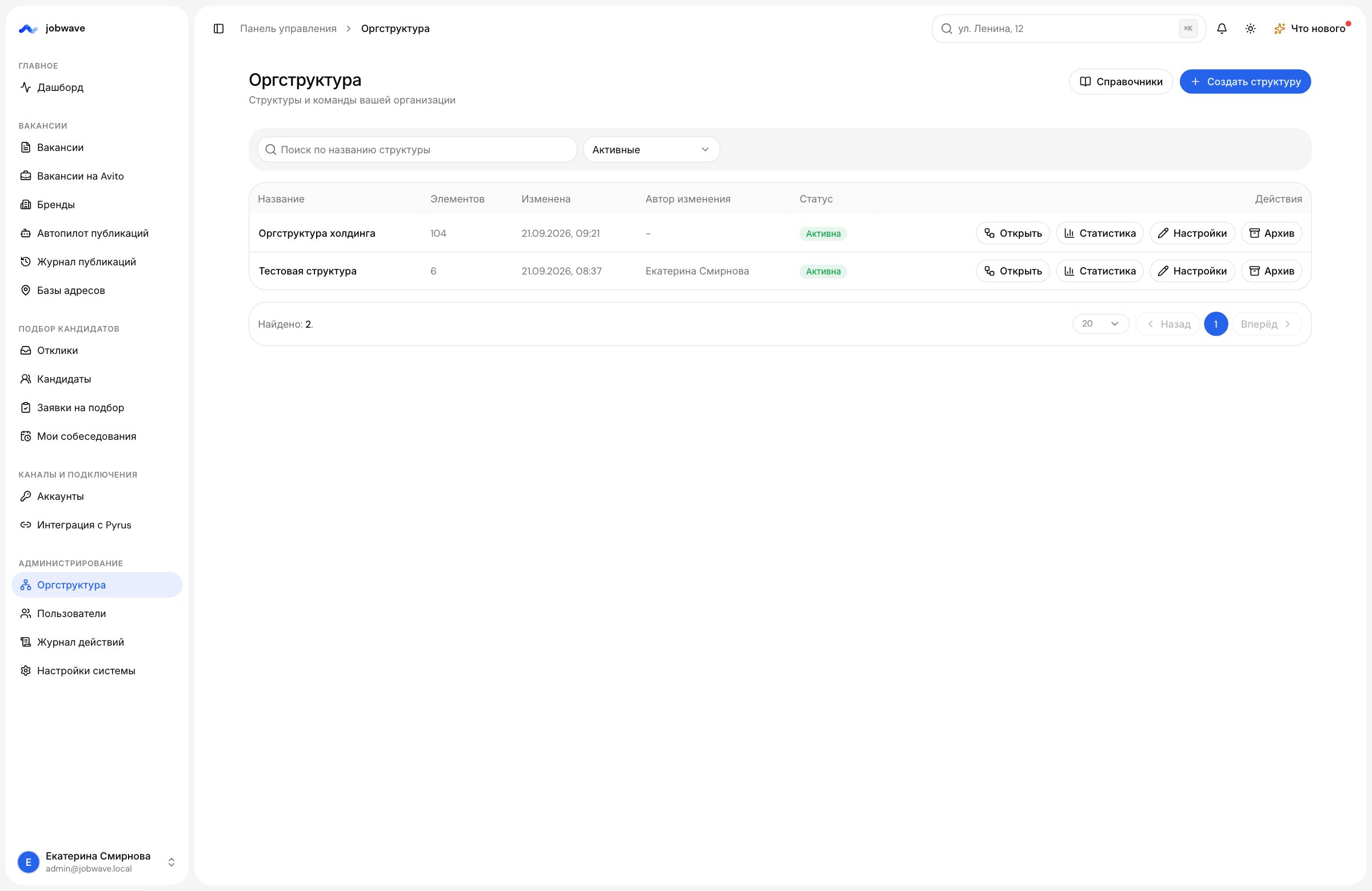 Оргструктура компании в jobwave